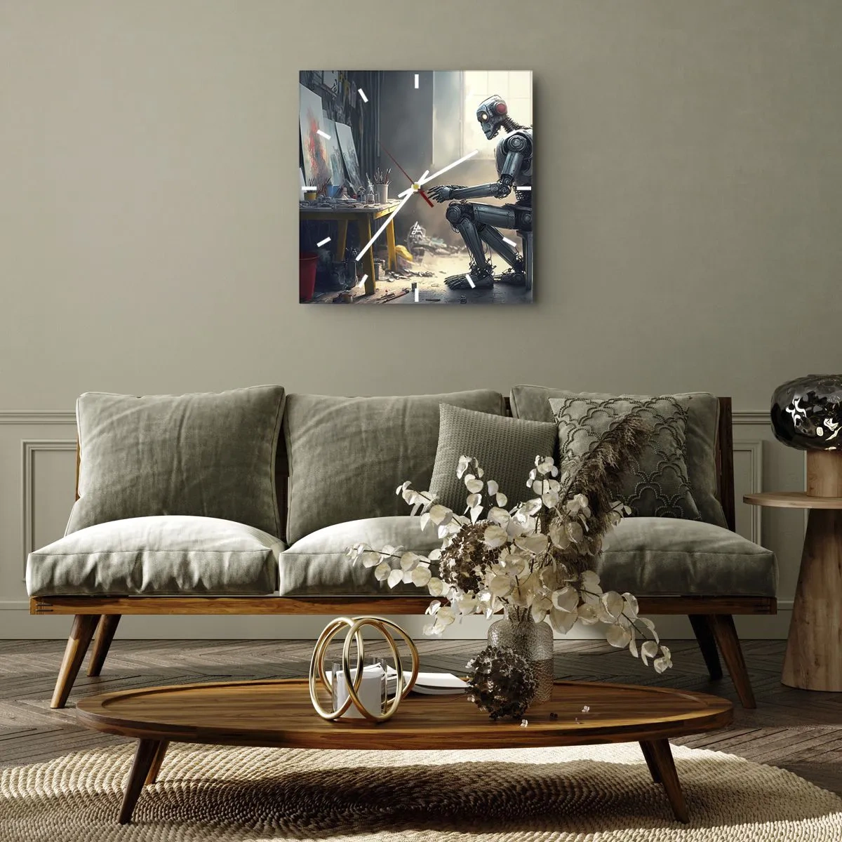 Zegar ścienny - Robot malujący obraz w artystycznej pracowni - 30x30cm - Akt kreacji - Nowoczesna dekoracja ścienna do salonu i sypialni ARTTOR