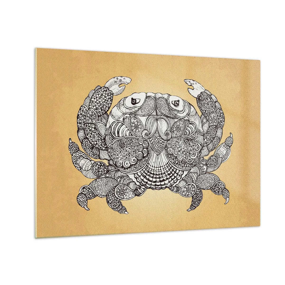 Obraz na szkle - Stylizowany rysunek kraba z ornamentami na żółtym tle - 70x50cm - Opowieści Pana Kraba - Nowoczesna dekoracja ścienna do salonu i sypialni ARTTOR
