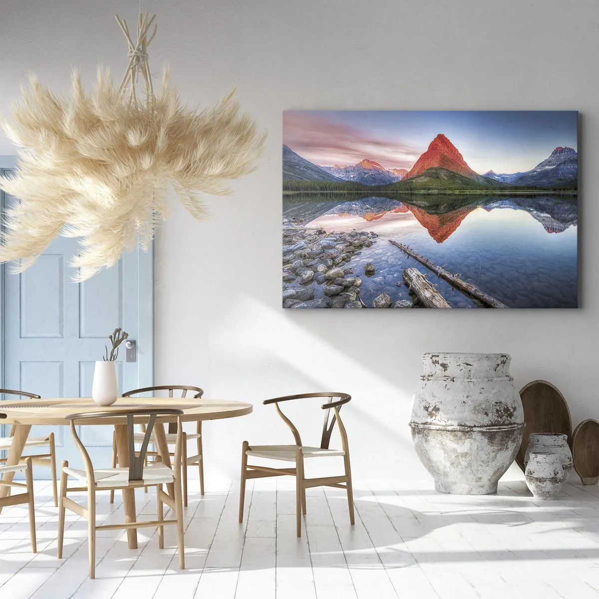 Obraz na płótnie - Góra odbijająca się w jeziorze o zachodzie słońca - 70x50cm - Żar i chłód - Nowoczesna dekoracja ścienna do salonu i sypialni ARTTOR