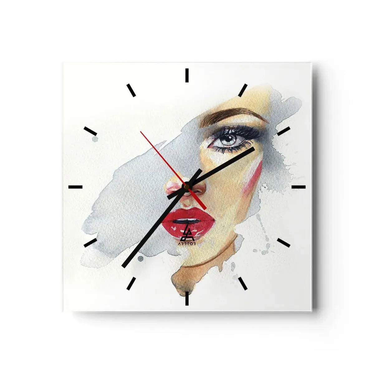 Zegar ścienny - Portret kobiety w akwarelowym stylu z intensywnym spojrzeniem - 30x30cm - Odbicie w kropli wody - Nowoczesna dekoracja ścienna do salonu i sypialni ARTTOR