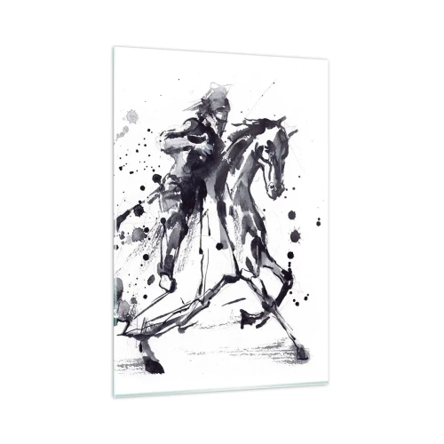 Obraz na szkle - Czarno-biała akwarela jeźdźca na galopującym koniu - 80x120cm - Czarny rycerz - Nowoczesna dekoracja ścienna do salonu i sypialni ARTTOR