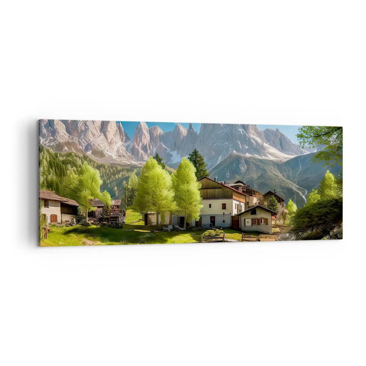 Obraz na płótnie - Górska wioska z domami i widokiem na szczyty Alp - 140x50cm - Alpejska sielanka - Nowoczesna dekoracja ścienna do salonu i sypialni ARTTOR