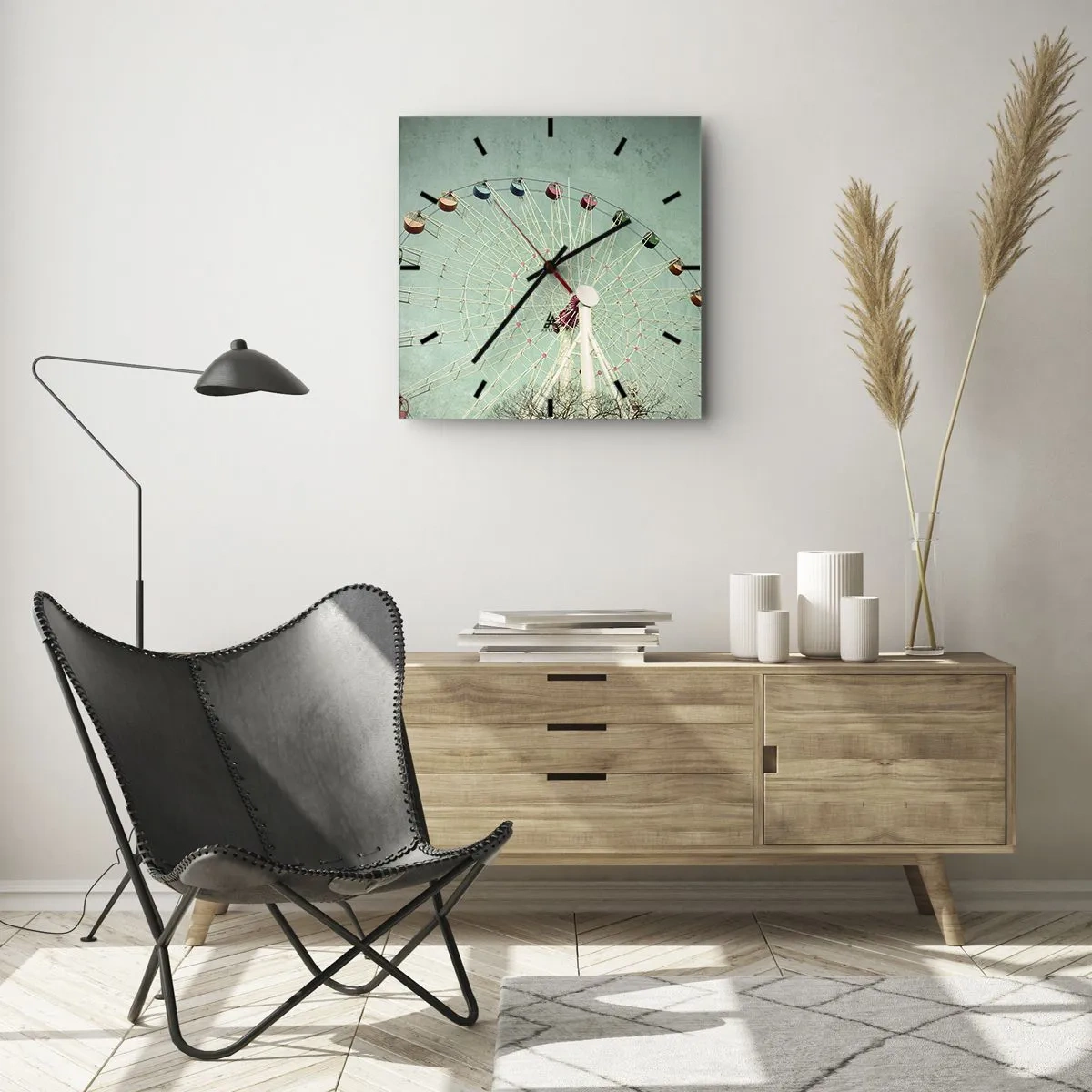 Zegar ścienny - Kolorowy diabelski młyn na tle błękitnego nieba w stylu retro - 30x30cm - Zapraszamy do zabawy - Nowoczesna dekoracja ścienna do salonu i sypialni ARTTOR