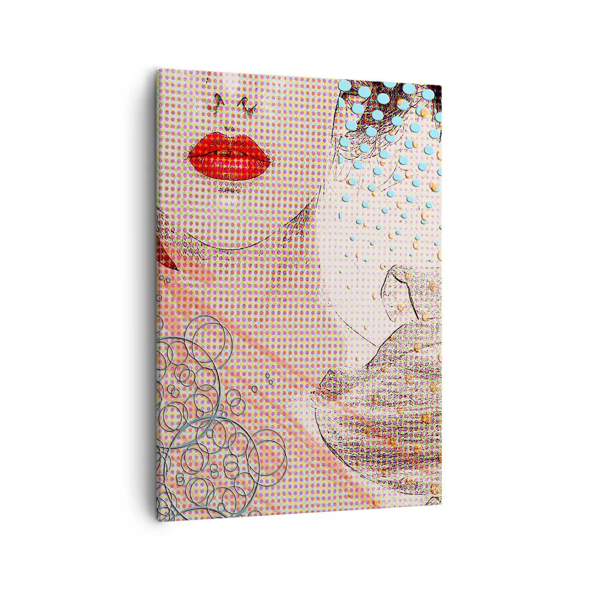 Obraz na płótnie - Kompozycja w stylu pop-art z wyrazistymi ustami i wzorami - 50x70cm - Komiksowa heroina - Nowoczesna dekoracja ścienna do salonu, kuchni i sypialni ARTTOR
