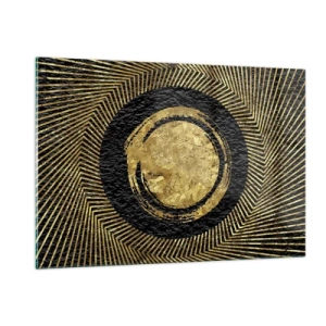 Obraz na szkle - Złoty krąg z promieniami na czarnym tle w stylu glamour - 120x80cm - Kompozycja glamour - Nowoczesna dekoracja ścienna do salonu, kuchni i sypialni ARTTOR