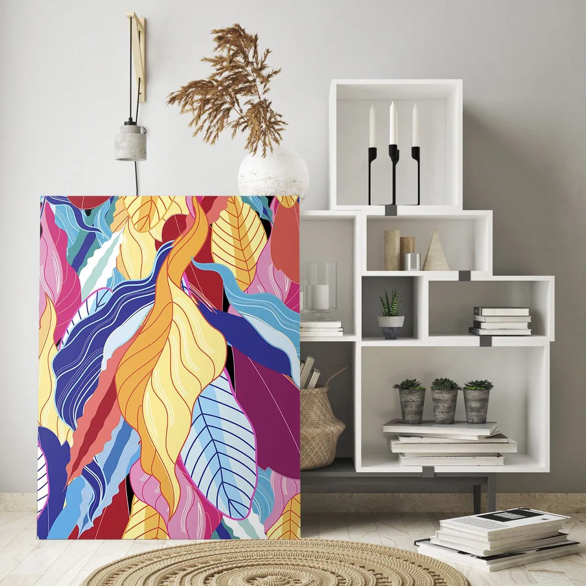 Obraz na szkle - Barwne liście w żywych kolorach tworzące dynamiczną kompozycję - 80x120cm - Kolorowy bałagan - Nowoczesna dekoracja ścienna do salonu i sypialni ARTTOR