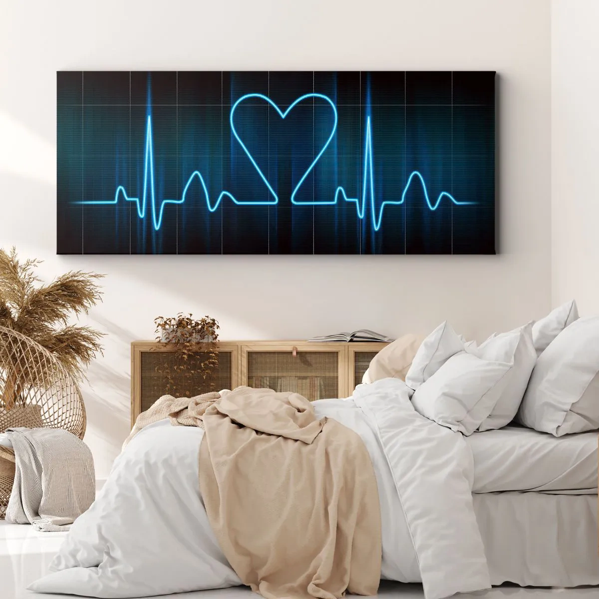 Obraz na płótnie - Linia życia z sercem na tle monitoringu medycznego w odcieniach niebieskiego - 120x50cm - W rytmie serca - Nowoczesna dekoracja ścienna do salonu i sypialni ARTTOR