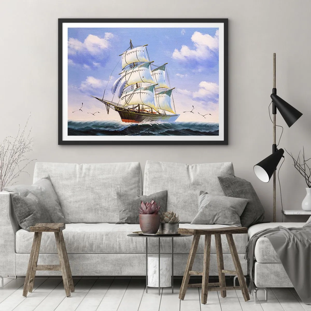 Plakat w czarnej ramie - Żaglowiec na otwartym morzu pod błękitnym niebem - 70x50cm - Dumnie z wiatrem - Nowoczesna dekoracja ścienna do salonu i sypialni ARTTOR