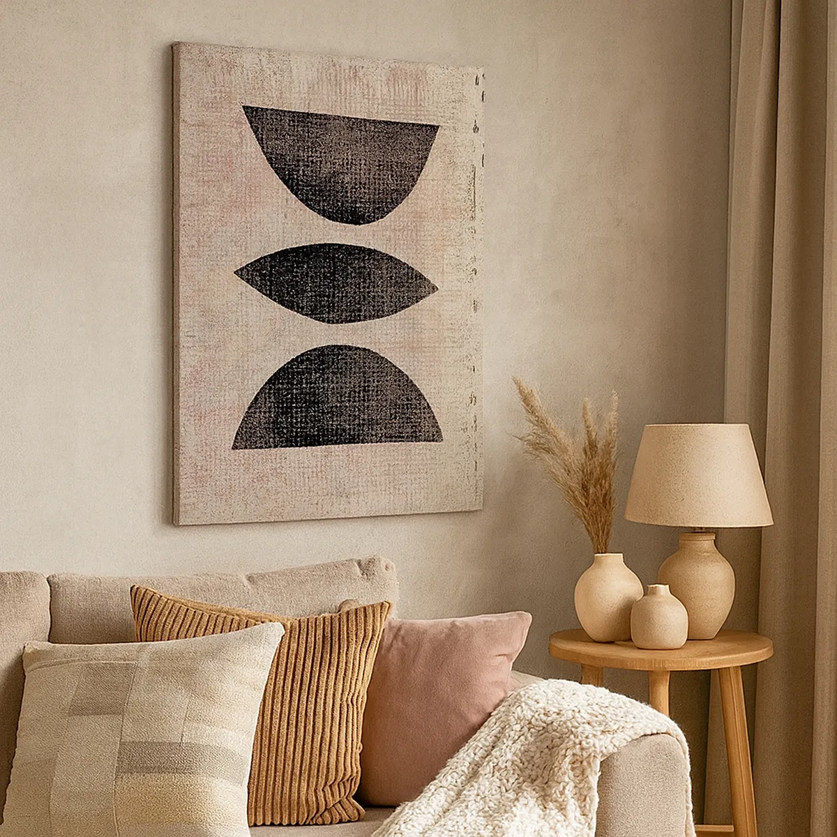 Obraz na płótnie - Minimalistyczna kompozycja trzech czarnych półkoli na jasnym tle - 50x70cm - Etniczna abstrakcja - Nowoczesna dekoracja ścienna do salonu, kuchni i sypialni ARTTOR