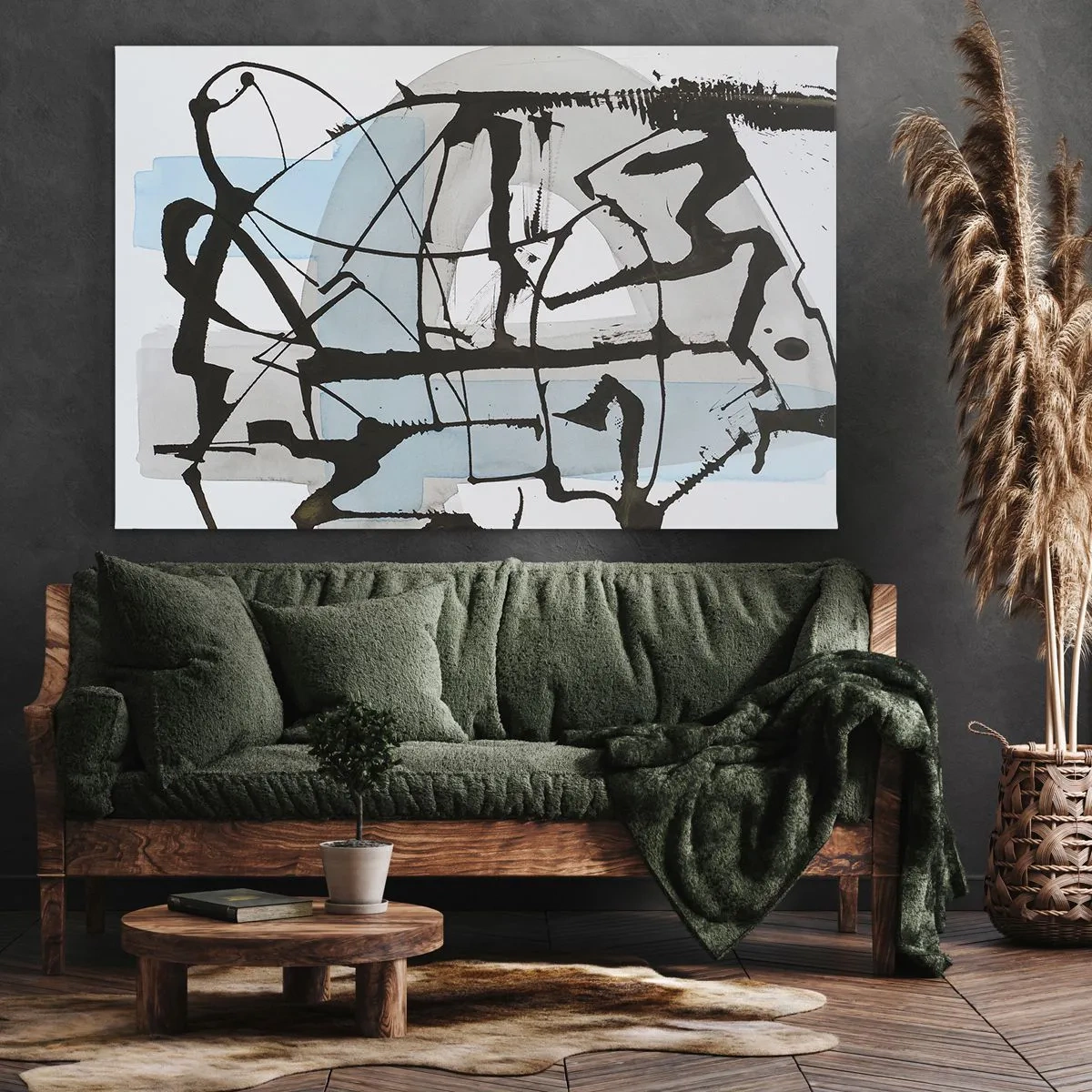 Obraz na płótnie - Abstrakcyjne linie i kształty w błękicie i czerni - 70x50cm - Mimo wszystko błękitny - Nowoczesna dekoracja ścienna do salonu i sypialni ARTTOR