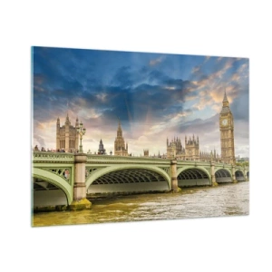 Obraz na szkle - Big Ben i Westminster Bridge o zachodzie słońca - 100x70cm - Czas stanął w Imperium - Nowoczesna dekoracja ścienna do salonu, kuchni i sypialni ARTTOR