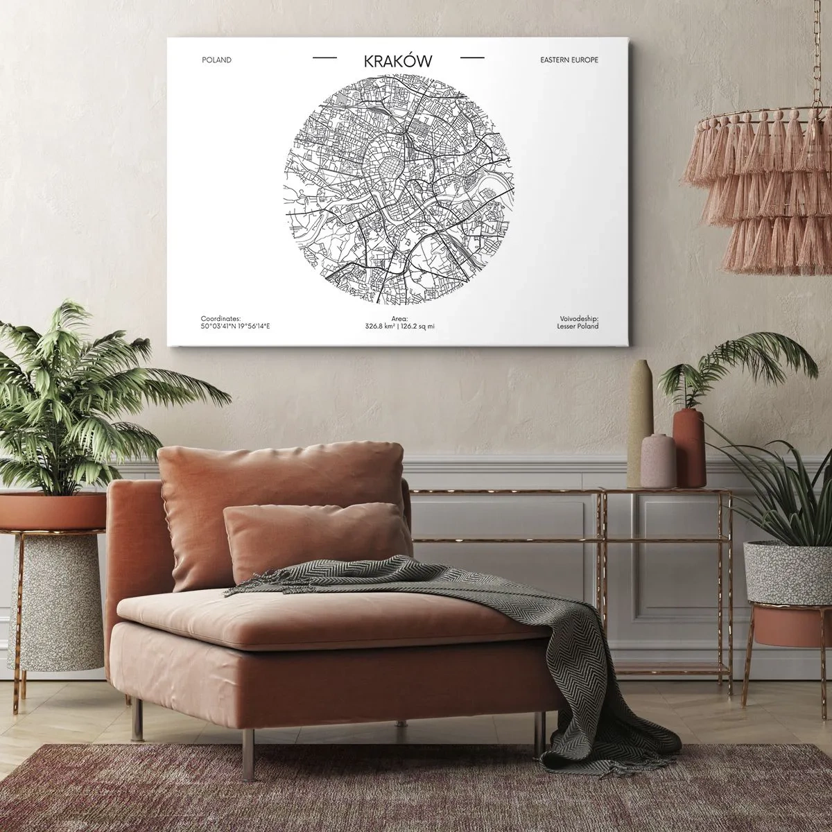 Obraz na płótnie - Mapa Krakowa w minimalistycznym stylu - 70x50cm - Anatomia Krakowa - Nowoczesna dekoracja ścienna do salonu i sypialni ARTTOR