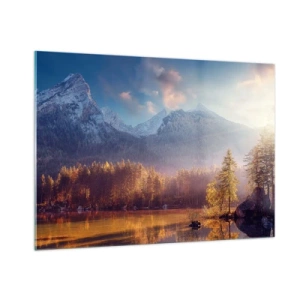 Obraz na szkle - Złote światło poranka nad górskim jeziorem otoczonym lasem - 100x70cm - W górach i dolinach - Nowoczesna dekoracja ścienna do salonu, kuchni i sypialni ARTTOR