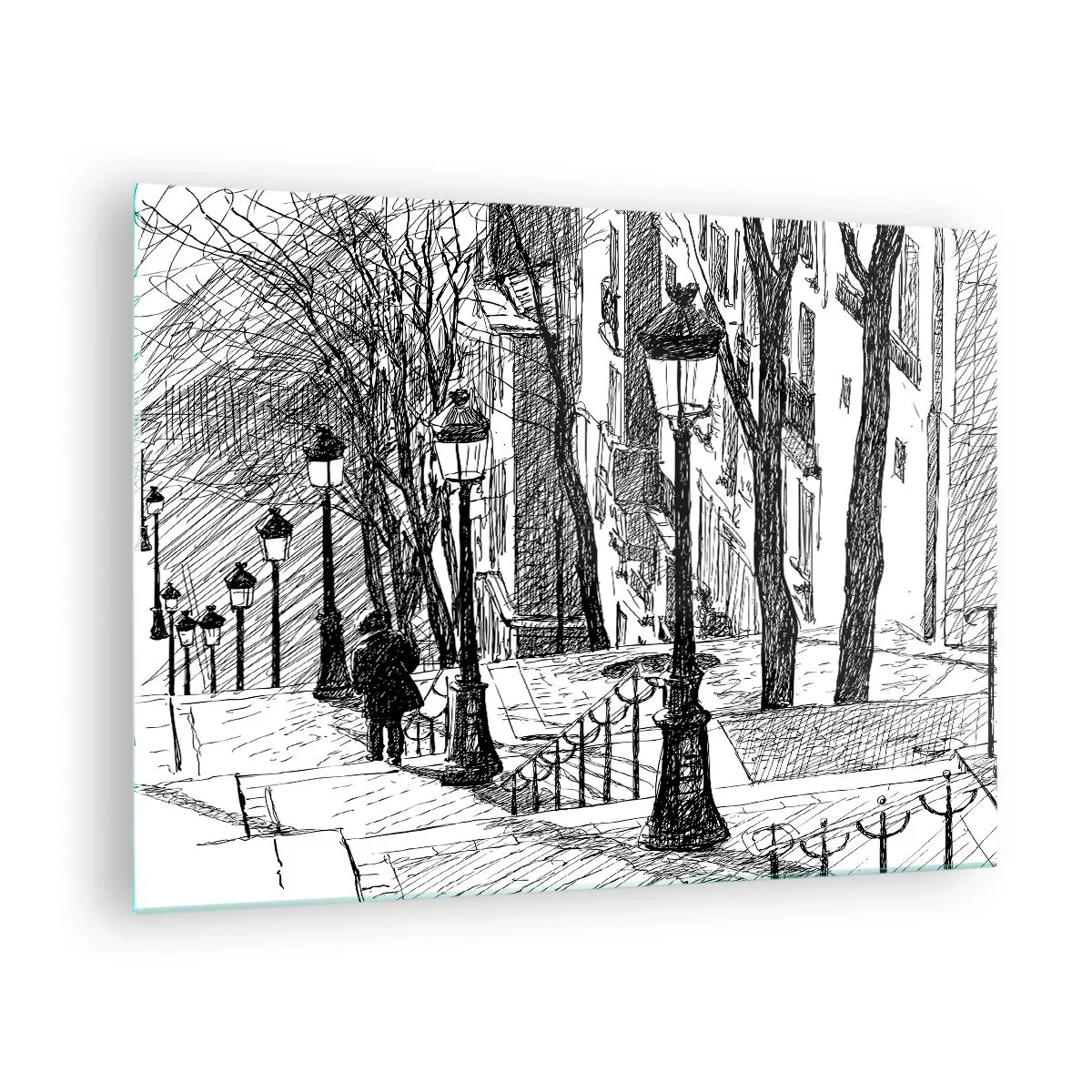 Obraz na szkle - Czarno-biały rysunek miejskiej uliczki z latarniami - 70x50cm - Historia miłosna czy opowieśc grozy? - Nowoczesna dekoracja ścienna do salonu i sypialni ARTTOR