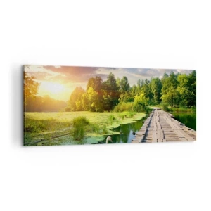 Obraz na płótnie - Malowniczy krajobraz z mostkiem i łabędziem - 120x50cm - Lato, lato wszędzie - Nowoczesna dekoracja ścienna do salonu i sypialni ARTTOR