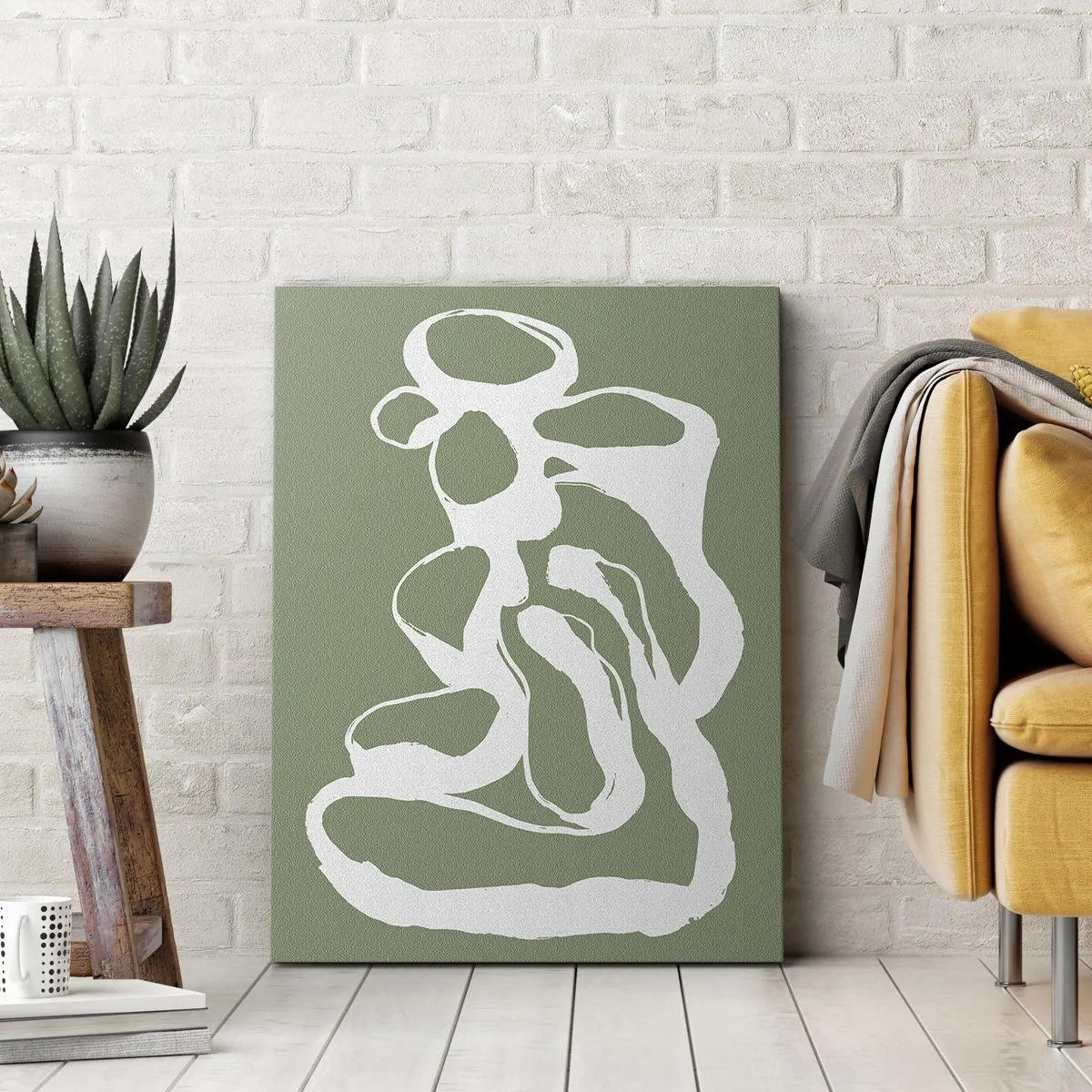 Obraz na płótnie - Organiczne kształty w bieli na zielonym tle - 80x120cm - Wołanie przestrzeni - Nowoczesna dekoracja ścienna do salonu i sypialni ARTTOR