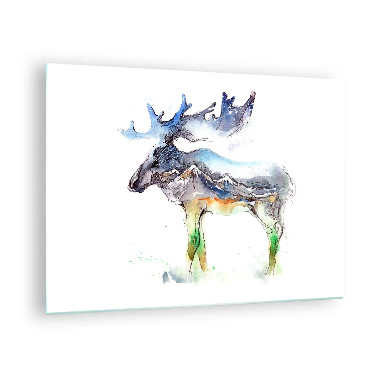 Obraz na szkle - Akwarela łosia z motywem gór w sylwetce - 70x50cm - Bohater zimowej opowieści - Nowoczesna dekoracja ścienna do salonu i sypialni ARTTOR