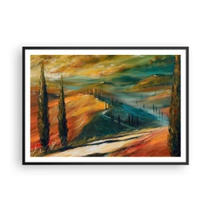 Plakat w czarnej ramie - Toskański krajobraz z polami, drogą i cyprysami - 100x70cm - Toskański pejzaż - Nowoczesna dekoracja ścienna do salonu i sypialni ARTTOR