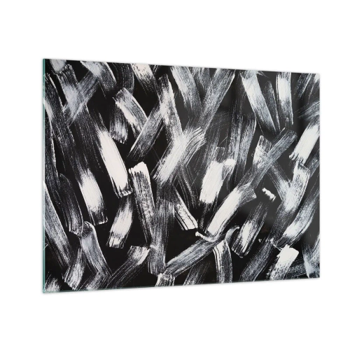 Obraz na szkle - Czarno-biała abstrakcja z pociągnięć pędzla na ciemnym tle - 70x50cm - Abstrakcja w duchu industrialnym - Nowoczesna dekoracja ścienna do salonu i sypialni ARTTOR