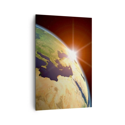 Obraz na płótnie - Widok Ziemi z kosmosu z promieniami słońca na horyzoncie - 80x120cm - Wschód słońca - Nowoczesna dekoracja ścienna do salonu i sypialni ARTTOR
