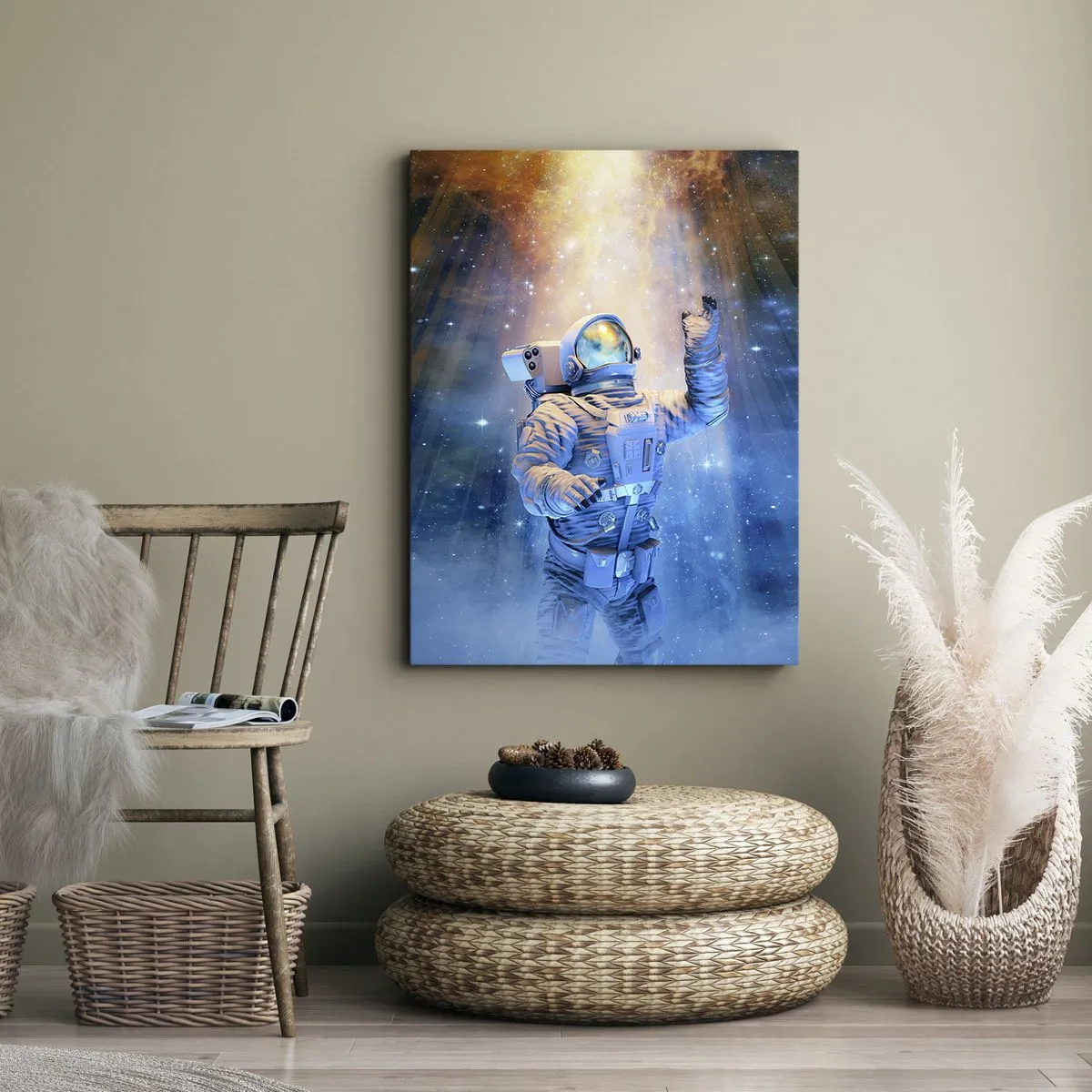 Obraz na płótnie - Astronauta w kosmosie otoczony promieniami światła - 50x70cm - Wreszcie u celu - Nowoczesna dekoracja ścienna do salonu, kuchni i sypialni ARTTOR