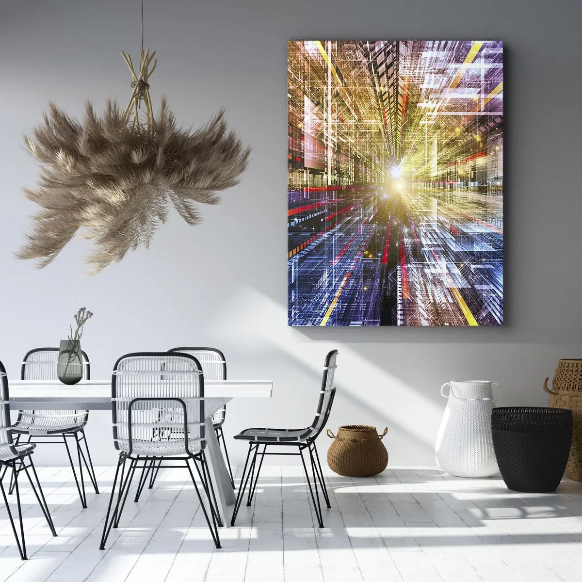 Obraz na płótnie - Abstrakcyjna wizja futurystycznego miasta z promieniami światła - 50x70cm - Świetlny korytarz - Nowoczesna dekoracja ścienna do salonu, kuchni i sypialni ARTTOR