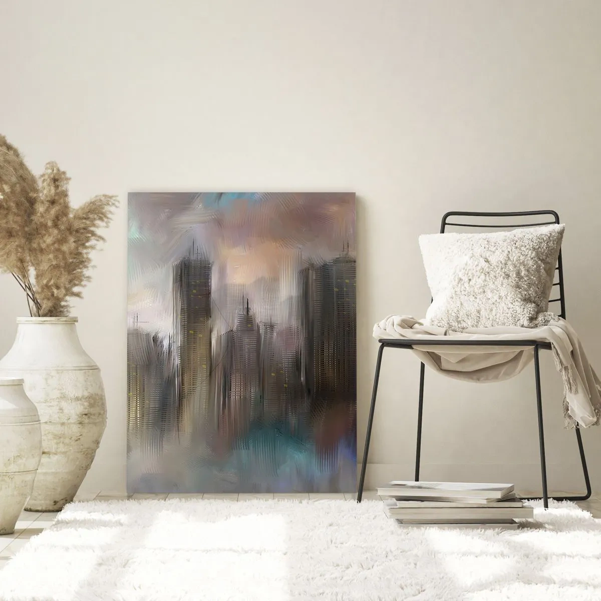 Obraz na szkle - Abstrakcyjny obraz miasta z wieżowcami - 50x70cm - Kompozycja ze stali, kamienia i mgły - Nowoczesna dekoracja ścienna do salonu, kuchni i sypialni ARTTOR