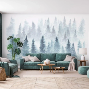 Fototapeta Premium Canvas - Lasy iglaste skąpane w delikatnej mgle - 100x70cm - Otulone mgłą - Nowoczesna dekoracja ścienna do salonu i sypialni ARTTOR