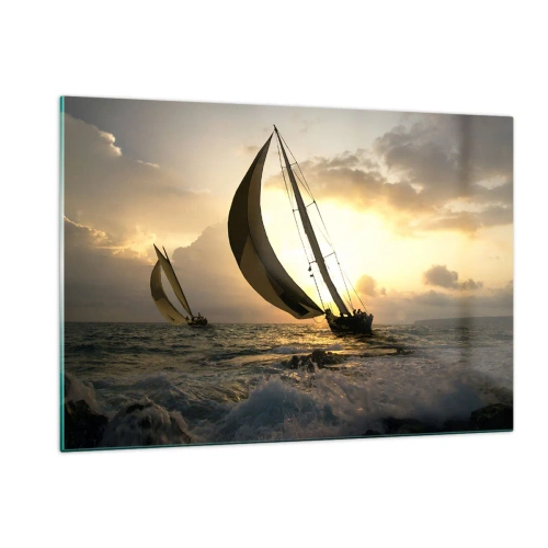 Obraz na szkle - Żaglówki na wzburzonym morzu podczas zachodu słońca - 120x80cm - Z wiatrem i pod wiatr - Nowoczesna dekoracja ścienna do salonu, kuchni i sypialni ARTTOR