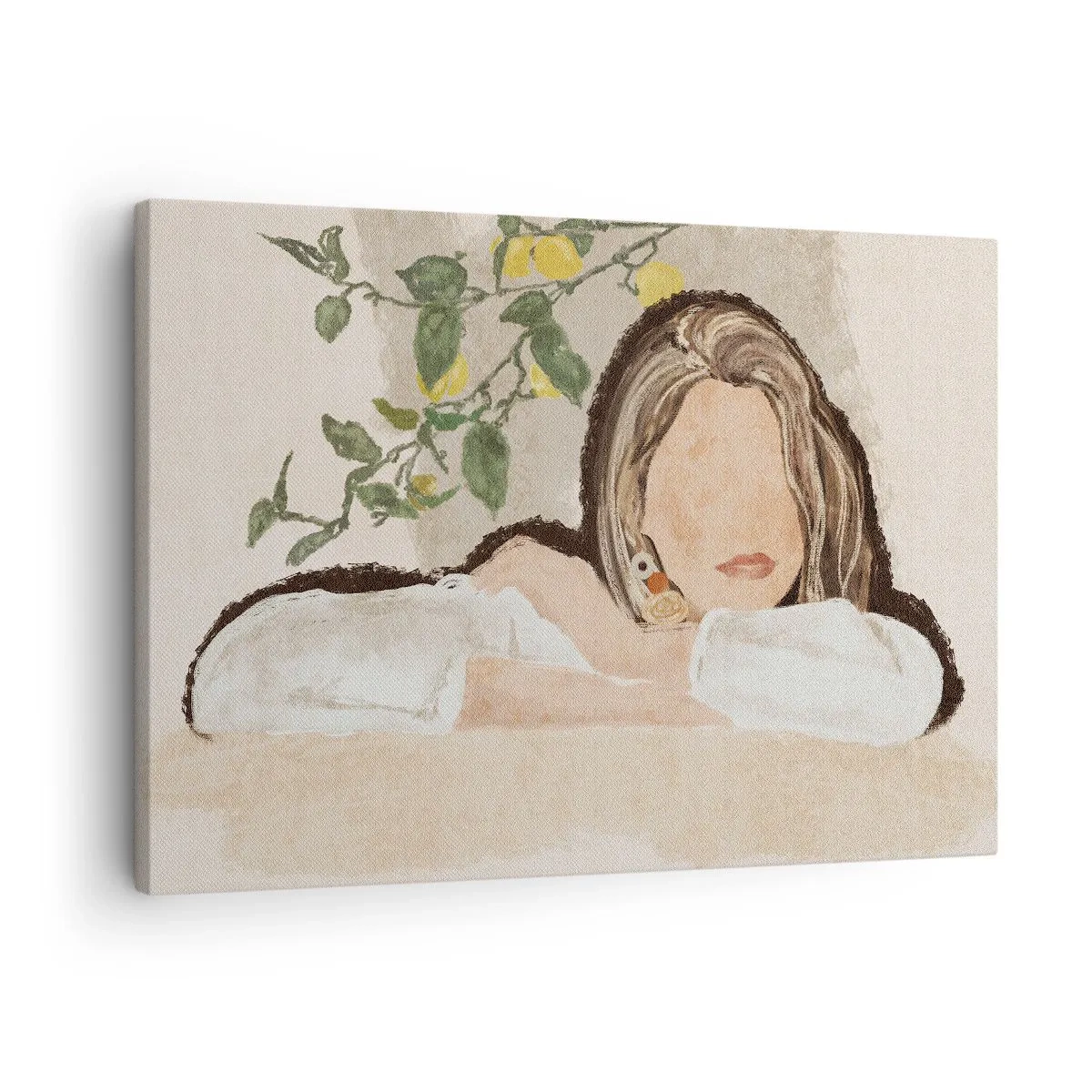 Obraz na płótnie - Postać kobiety na tle cytrynowego drzewa - 70x50cm - Piękność południa - Nowoczesna dekoracja ścienna do salonu i sypialni ARTTOR