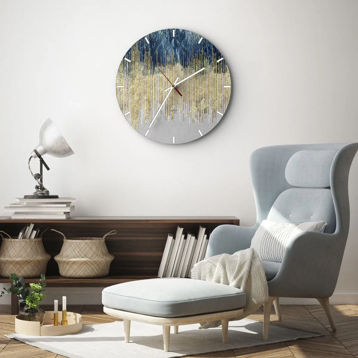 Zegar ścienny - Złote pionowe linie przechodzące w granatowe i szare gradienty - 30x30cm - Wyzłocona granica - Nowoczesna dekoracja ścienna do salonu, kuchni i sypialni ARTTOR