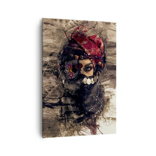 Obraz na płótnie - Artystyczny portret kobiety w orientalnym stroju na abstrakcyjnym tle - 70x100cm - Co najmniej niepokojąca - Nowoczesna dekoracja ścienna do salonu i sypialni ARTTOR