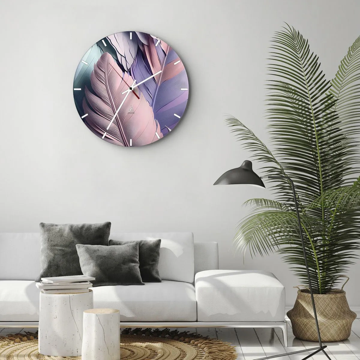 Zegar ścienny - Kolorowe pióra w pastelowych odcieniach na zegarze - 30x30cm - Ptasi szyk - Nowoczesna dekoracja ścienna do salonu, kuchni i sypialni ARTTOR