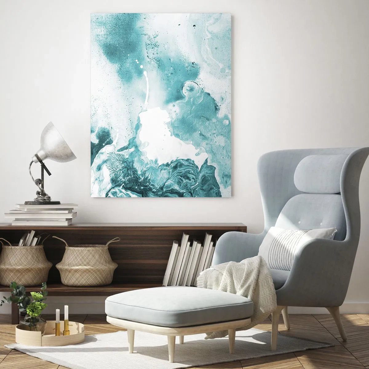 Obraz na szkle - Abstrakcyjne rozlewiska błękitu na szklanym tle - 50x70cm - Rozlewiska błękitu - Nowoczesna dekoracja ścienna do salonu, kuchni i sypialni ARTTOR