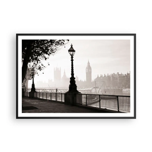 Plakat w czarnej ramie - Monochromatyczny widok na Big Ben i Tamizę - 100x70cm - Londyński poranek - Nowoczesna dekoracja ścienna do salonu i sypialni ARTTOR
