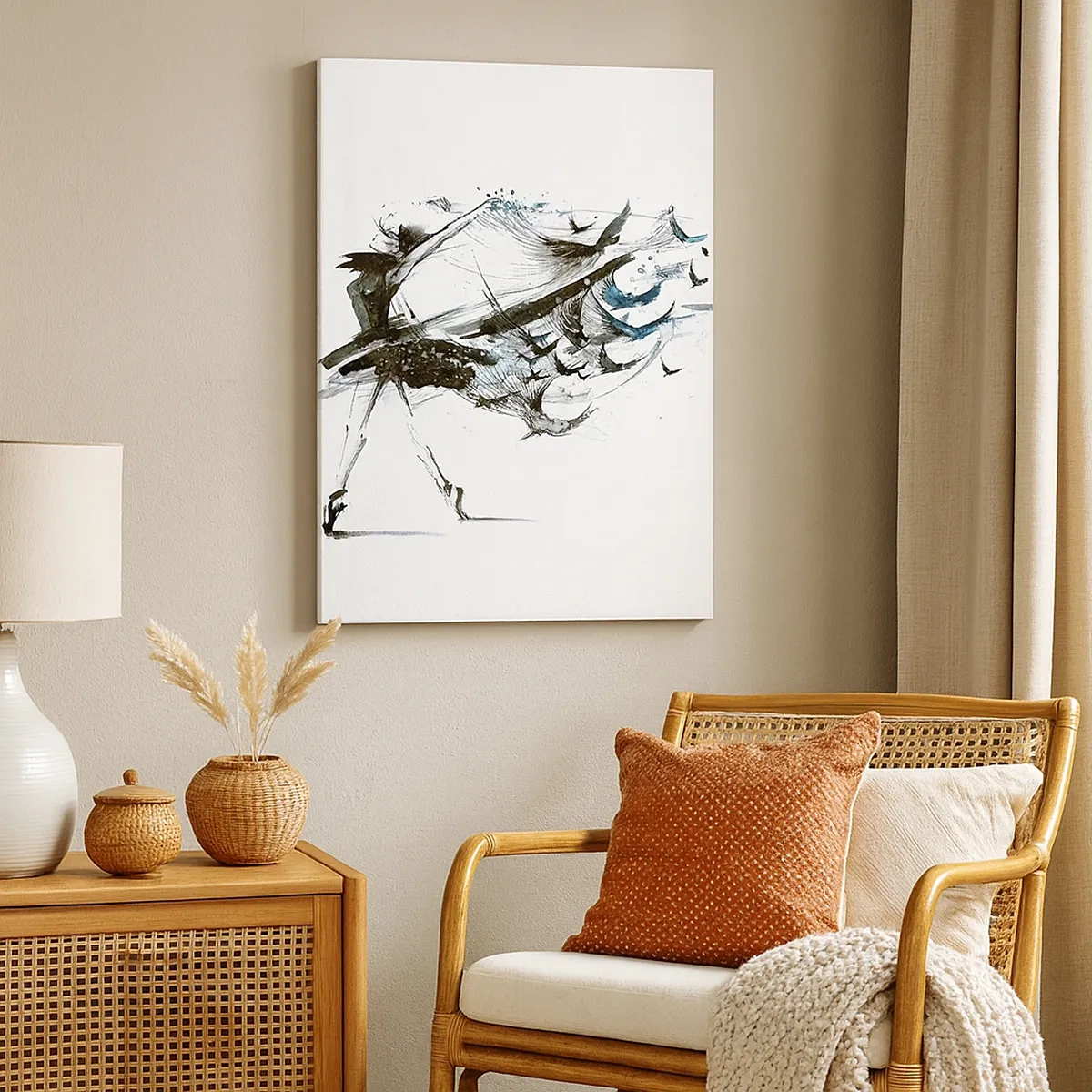 Obraz na płótnie - Abstrakcyjna akwarela kobiety w tańcu z suknią przechodzącą w ptaki - 50x70cm - Magia muzyki uwalnia od czaru - Nowoczesna dekoracja ścienna do salonu, kuchni i sypialni ARTTOR