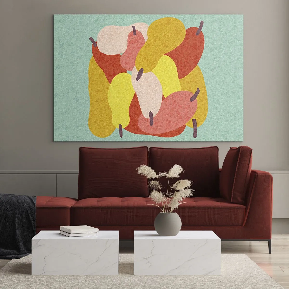 Obraz na szkle - Kolorowe gruszki w stylu graficznym na turkusowym tle - 120x80cm - Spróbuj letniego słońca - Nowoczesna dekoracja ścienna do salonu, kuchni i sypialni ARTTOR