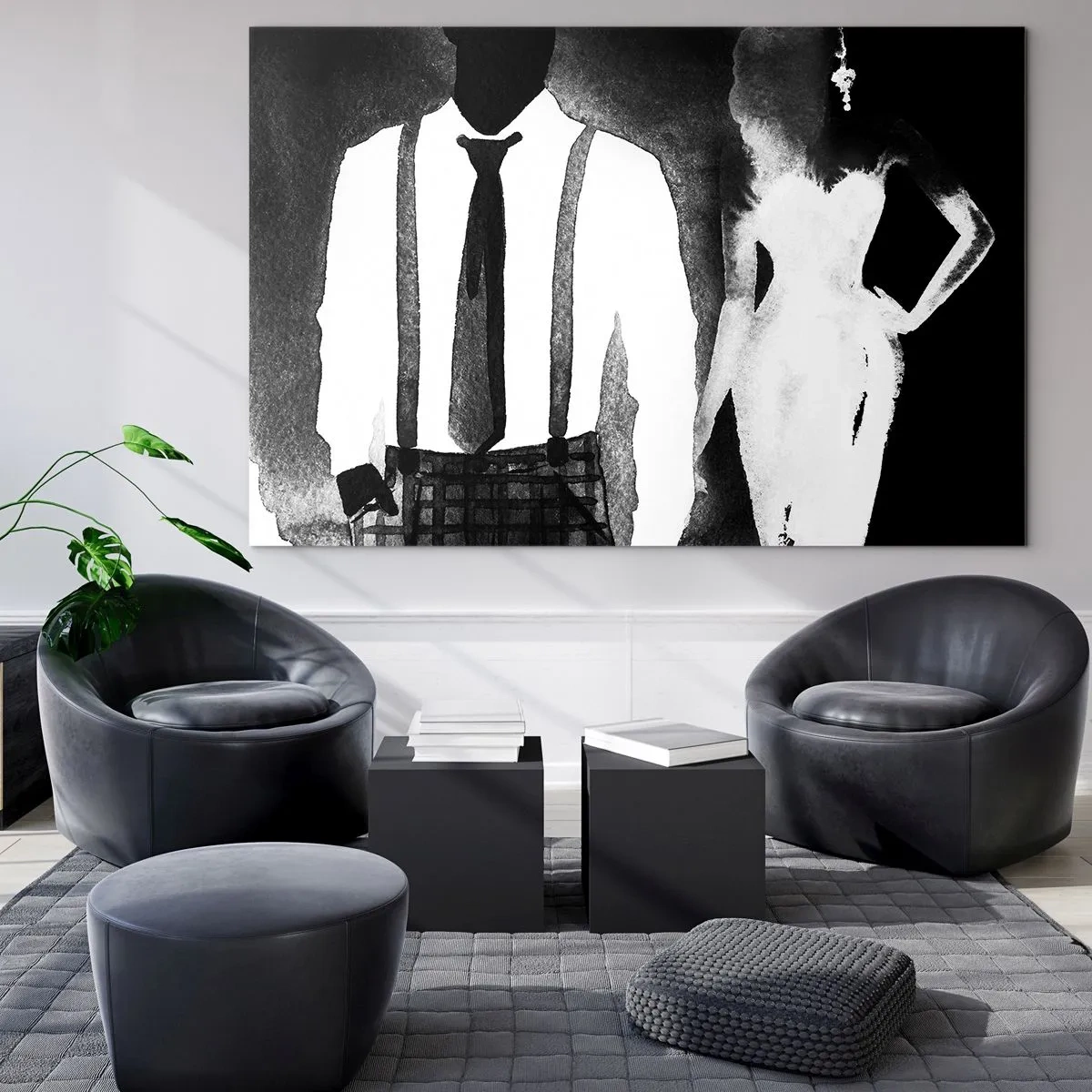 Obraz na szkle - Czarno-biała sylwetka eleganckiej pary w stylu noir - 120x80cm - W klimacie noir - Nowoczesna dekoracja ścienna do salonu, kuchni i sypialni ARTTOR