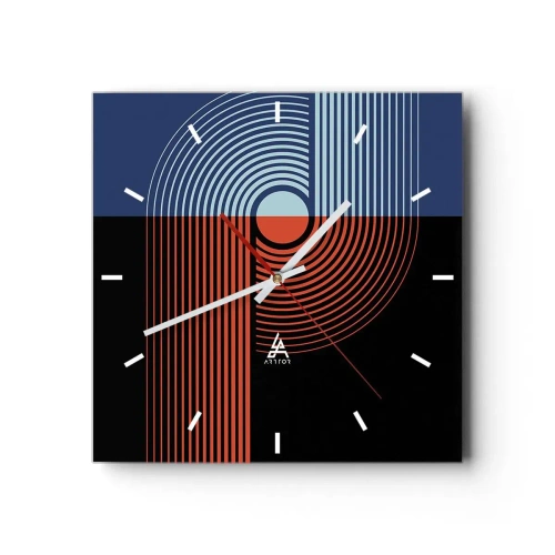 Zegar ścienny - Geometryczna abstrakcja z liniami w kolorach granatu i pomarańczu - 30x30cm - W geometrycznym uścisku - Nowoczesna dekoracja ścienna do salonu i sypialni ARTTOR