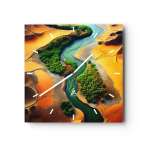 Zegar ścienny - Zielona rzeka w otoczeniu złotych piasków i roślinności - 30x30cm - Życiodajna rzeka - Nowoczesna dekoracja ścienna do salonu i sypialni ARTTOR
