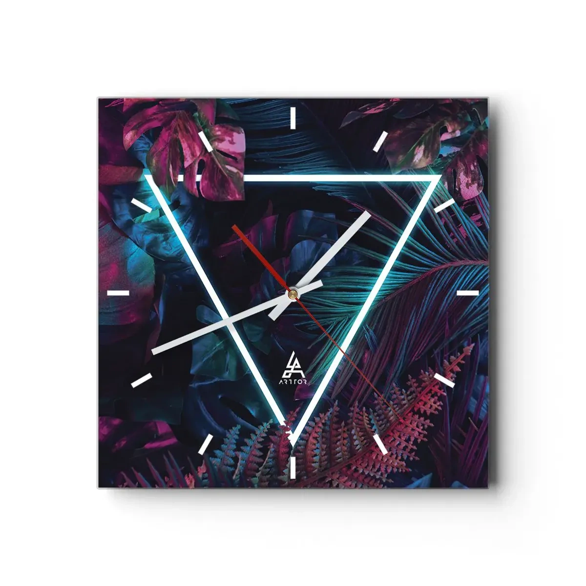 Zegar ścienny - Neonowy trójkąt w otoczeniu tropikalnych liści w ciemnych barwach - 30x30cm - Ogród w stylu disco - Nowoczesna dekoracja ścienna do salonu i sypialni ARTTOR