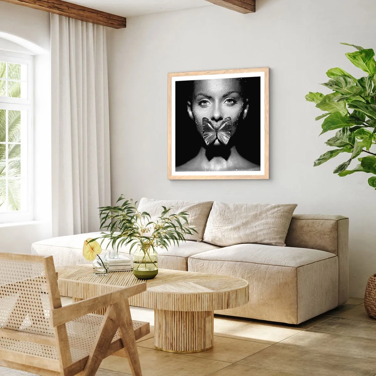 Plakat w ramie jasny dąb - Motyli pocałunek - 60x60 cm