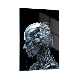 Obraz na szkle - Profil kobiecego robota z przewodami i mechanizmami - 50x70cm - Technologia jest kobietą - Nowoczesna dekoracja ścienna do salonu, kuchni i sypialni ARTTOR