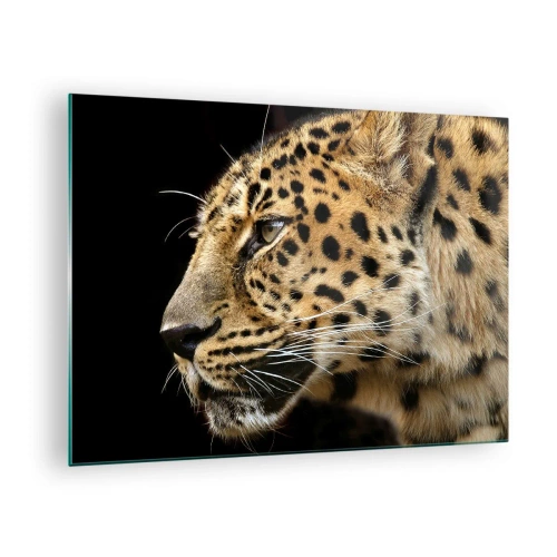 Obraz na szkle - Profil leoparda na czarnym tle - 70x50cm - Spokojny, skupiony, gotowy - Nowoczesna dekoracja ścienna do salonu i sypialni ARTTOR