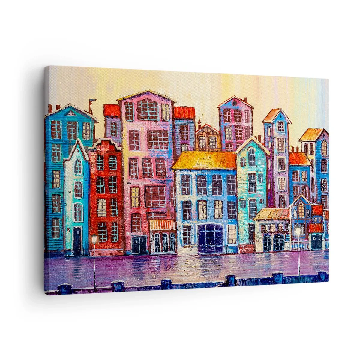 Obraz na płótnie - Kolorowe kamienice nad wodą w artystycznym stylu - 70x50cm - Miasto jak z bajki - Nowoczesna dekoracja ścienna do salonu i sypialni ARTTOR