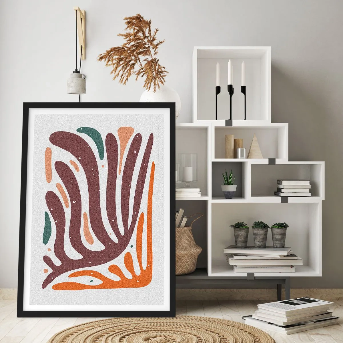 Plakat w czarnej ramie - Organiczna abstrakcja w ciepłych odcieniach brązu i pomarańczu - 50x70cm - Kompozycja organiczna promienista - Nowoczesna dekoracja ścienna do salonu i sypialni ARTTOR