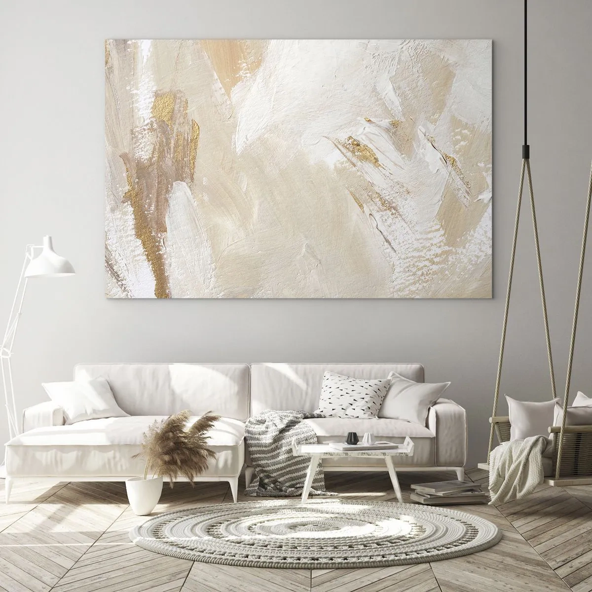 Obraz na szkle - Beżowo-biała abstrakcja z akcentami złota - 70x50cm - Pastelowa kompozycja - Nowoczesna dekoracja ścienna do salonu i sypialni ARTTOR