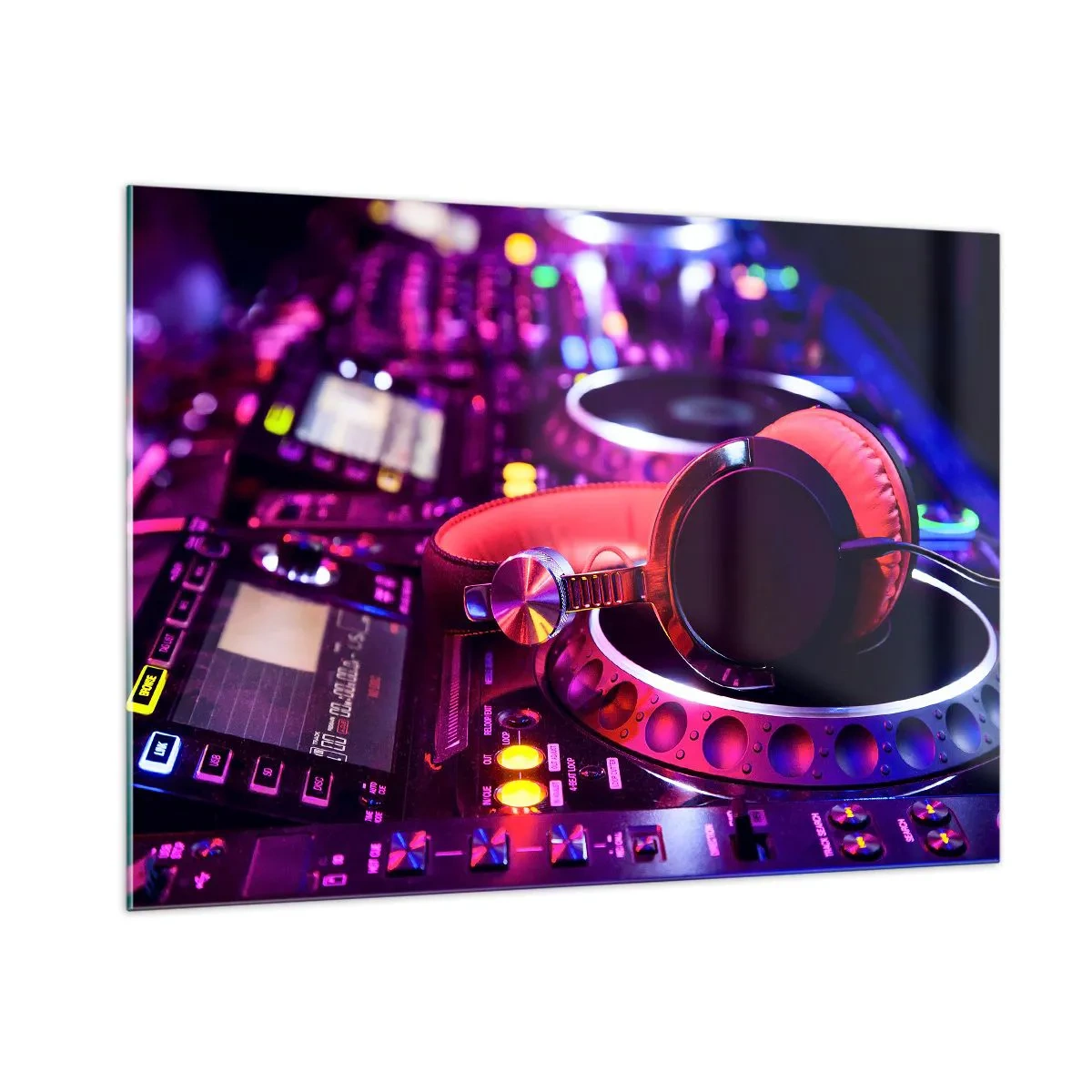 Obraz na szkle - Kolorowy sprzęt DJ z czerwonymi słuchawkami - 100x70cm - Zanim się zacznie zabawa - Nowoczesna dekoracja ścienna do salonu, kuchni i sypialni ARTTOR