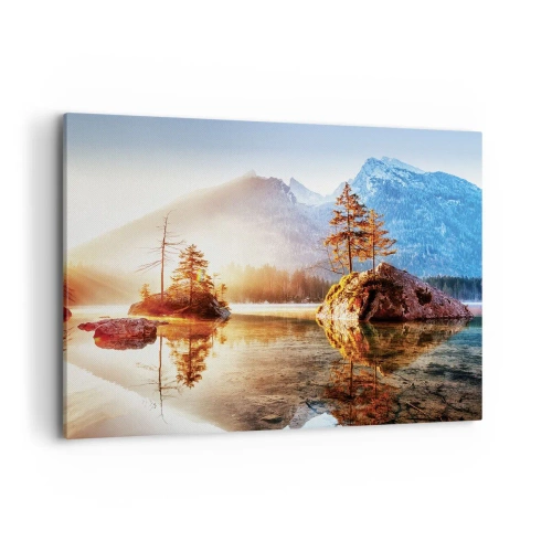 Obraz na płótnie - Jezioro z wyspami i górami w tle o wschodzie słońca - 100x70cm - Natura w nowym świetle - Nowoczesna dekoracja ścienna do salonu, kuchni i sypialni ARTTOR