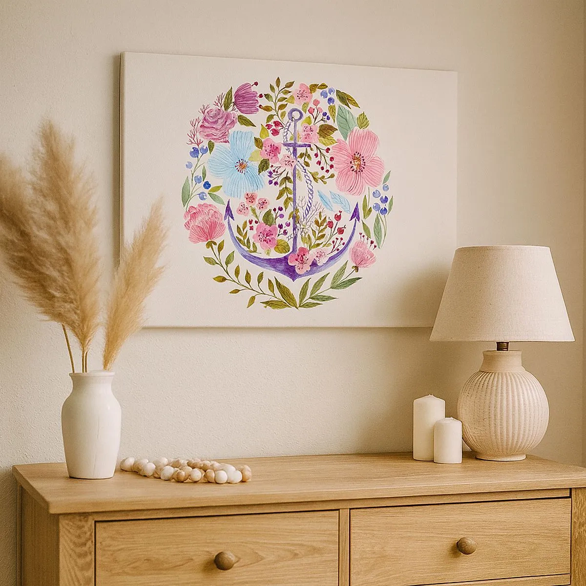 Obraz na płótnie - Kotwica otoczona kwiatami w akwarelowym stylu na jasnym tle - 70x50cm - Dobry sen żeglarza - Nowoczesna dekoracja ścienna do salonu i sypialni ARTTOR